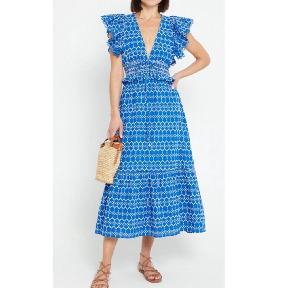 O.p.t Women Blue / White Tiered Maxi dress with V Neckline and Flutter Sleeves L